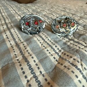 Vintage-Inspired Silver Oval Earrings with Red Accents